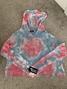 Michael Lauren Open-Knit Tie-Dye Hoodie in Pink and Blue